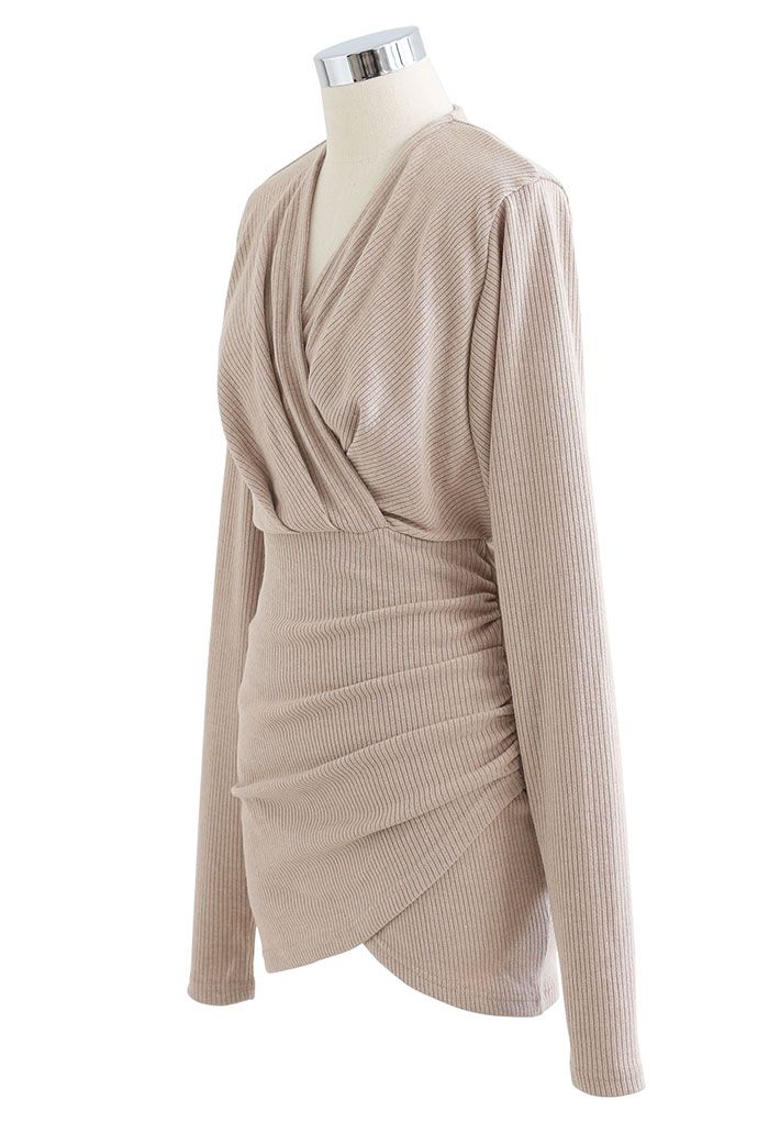 V-Neck Ruched Side Wrap Mini Knit Dress in Linen