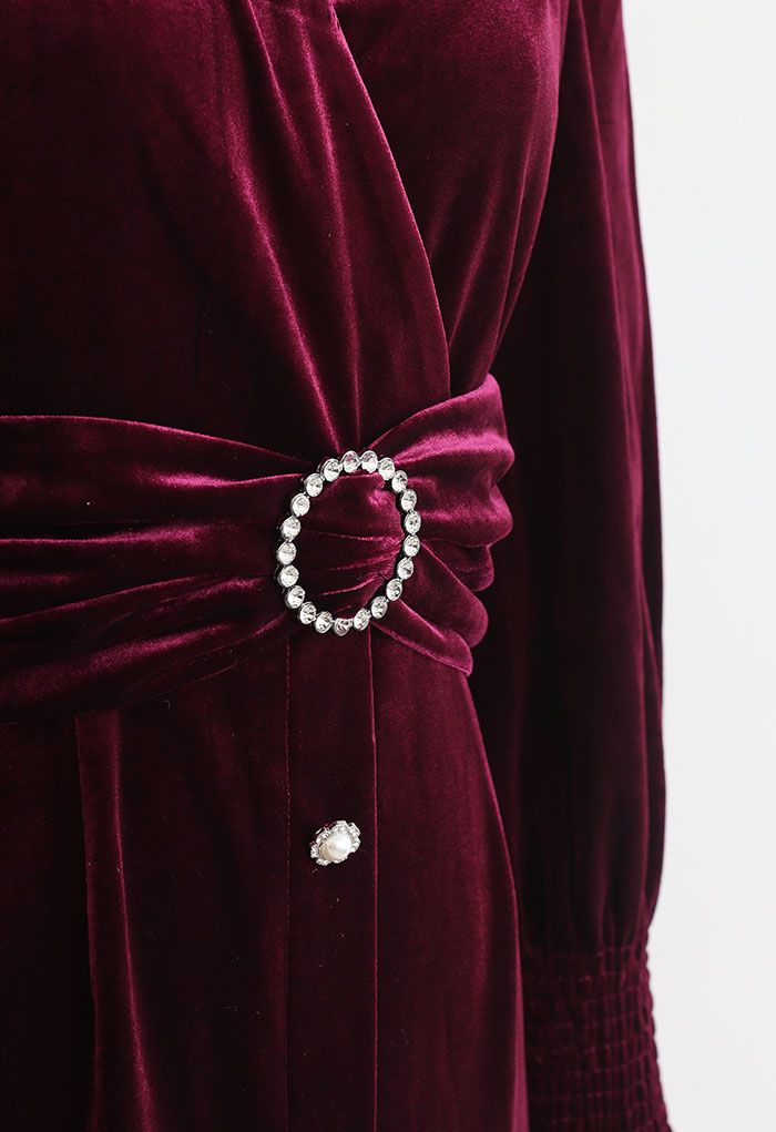 Crystal Trim Velvet Wrap Midi Dress in Burgundy