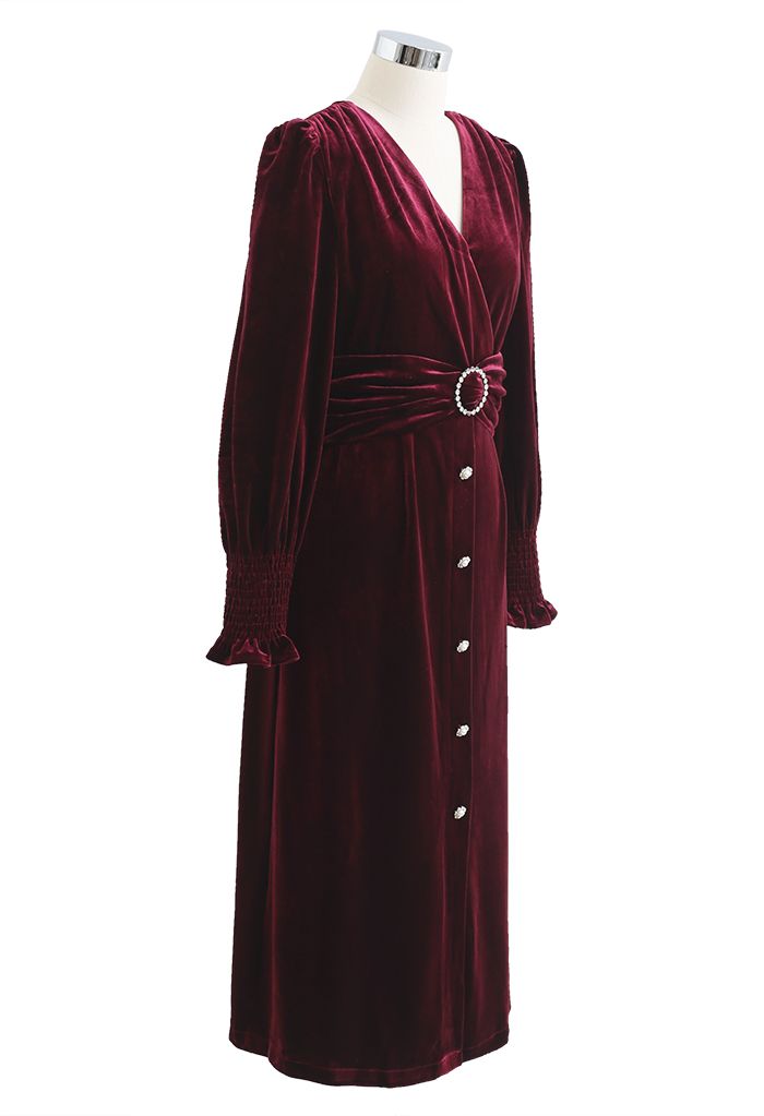 Crystal Trim Velvet Wrap Midi Dress in Burgundy