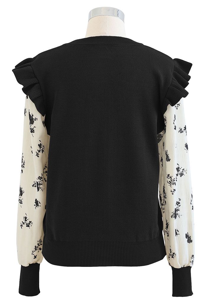 Floret Chiffon Sleeves Spliced Knit Top in Black