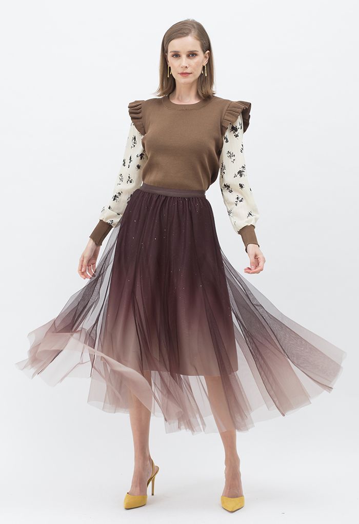 Gradient Mesh Sequined Maxi Skirt in Brown