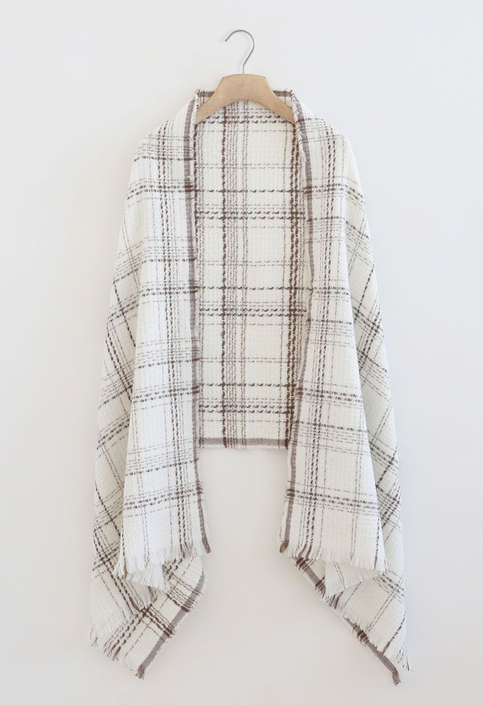 Plaid Pattern Fringed Edge Scarf in Ivory