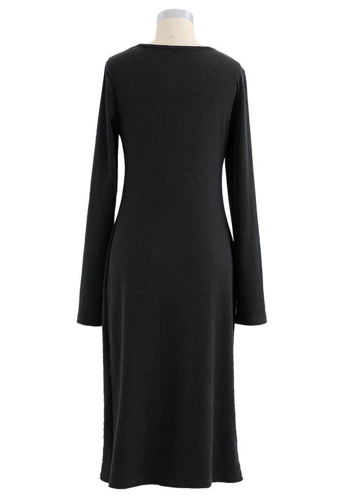Chain Neck Ruched Split Knit Dress in Black