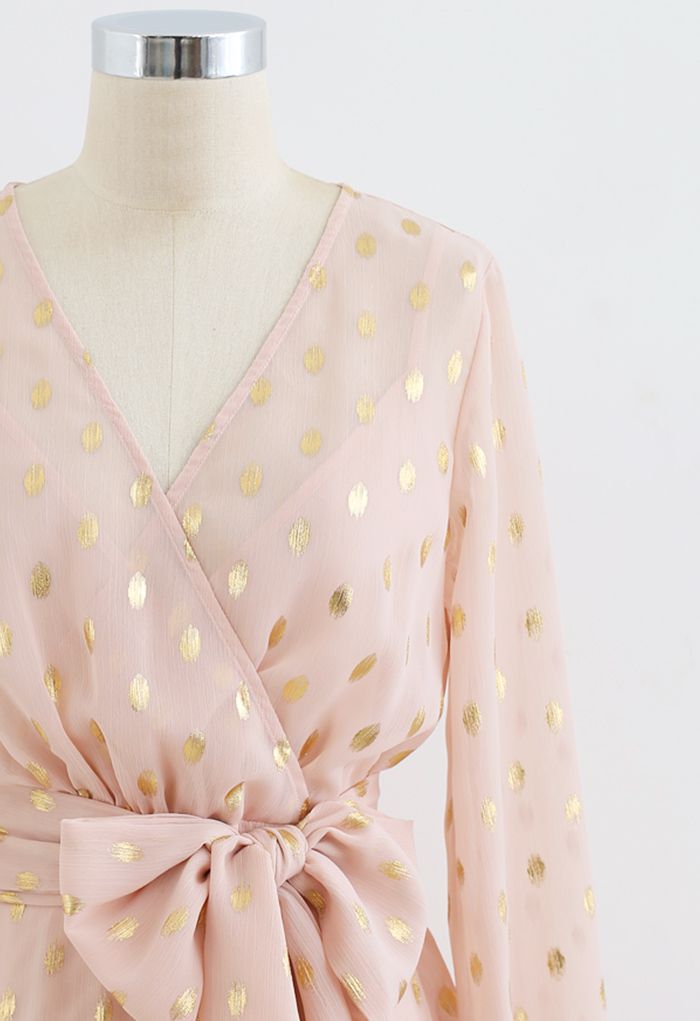 Oval Dots Semi-Sheer Split Wrap Dress in Nude Pink