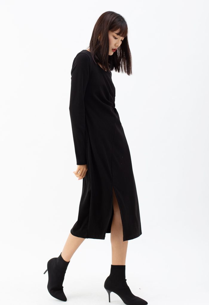 Chain Neck Ruched Split Knit Dress in Black