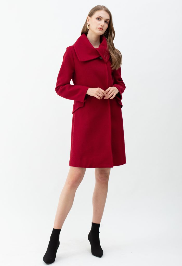 Point-Collar Button Up Wool-Blend Coat in Red