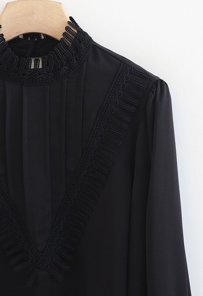 Neatness Crochet Decorated Satin Shirt in Black