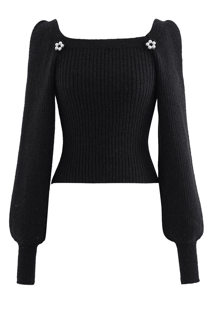 Pearly Flower Square Neck Crop Knit Top in Black