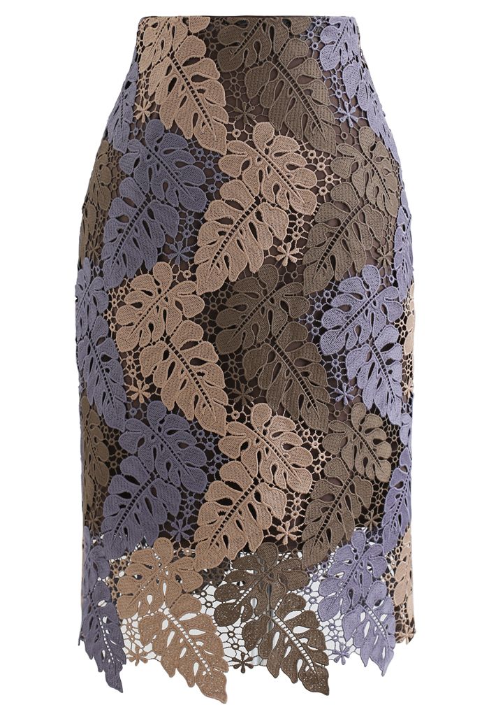 Multi-Color Leaves Crochet Pencil Skirt in Taupe