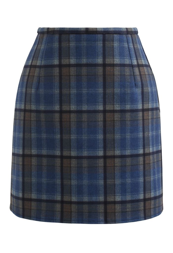 Wool-Blend Check Print Mini Skirt in Blue