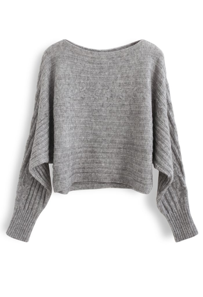 Fuzzy Boat Neck Crop Knit Sweater in Grey