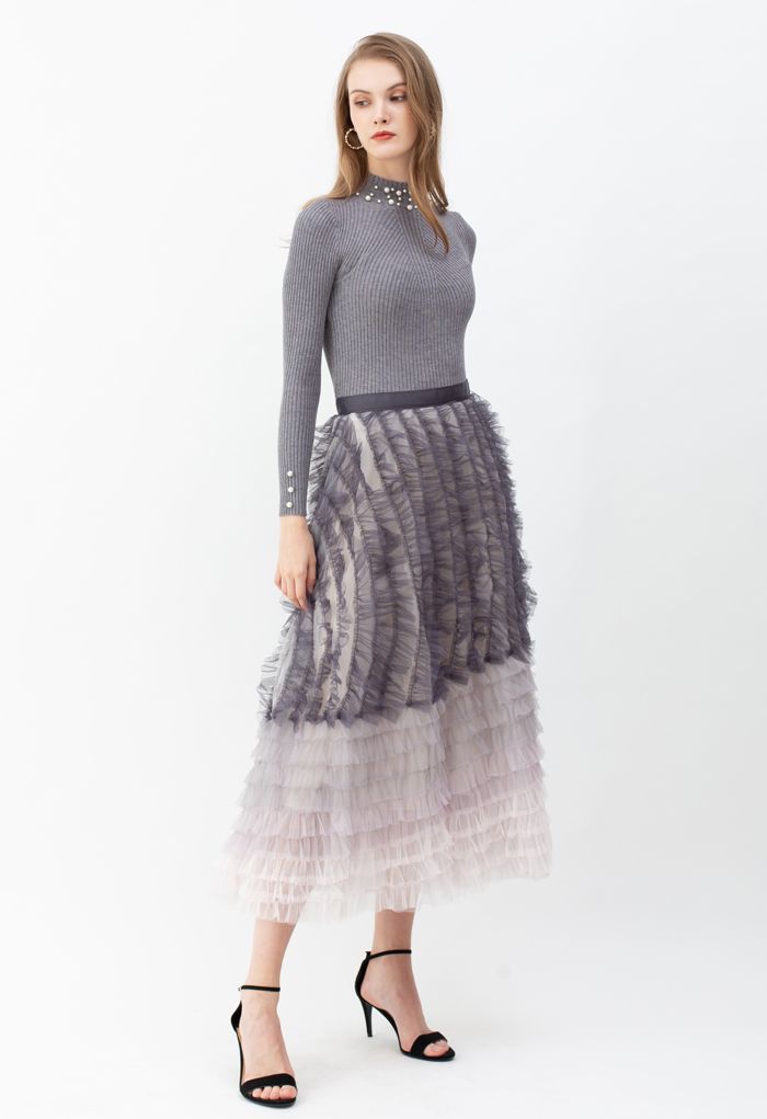 Gradient Tiered Ruffle Mesh Tulle Maxi Skirt - Retro, Indie and Unique ...