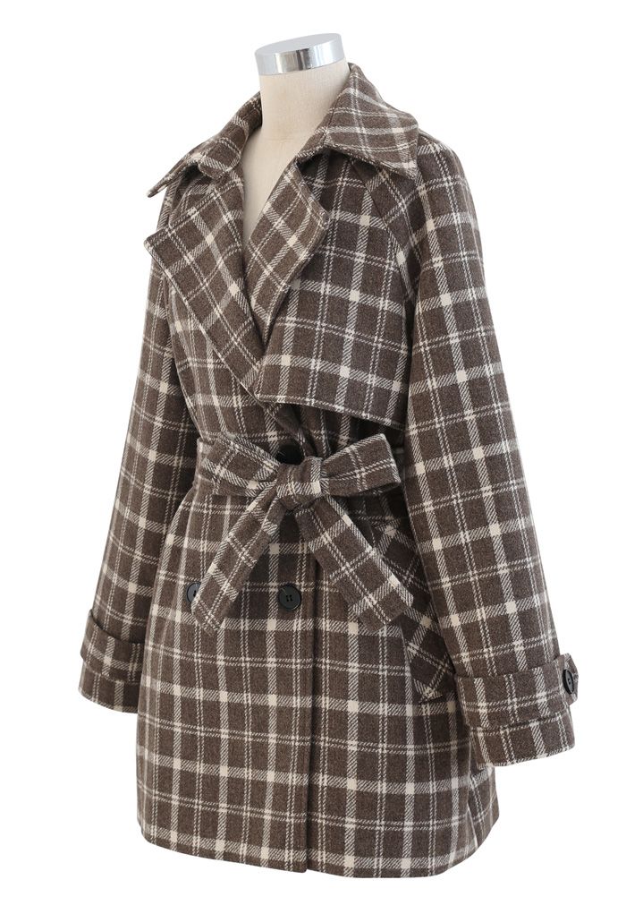 Double-Breasted Plaid Wool-Blend Coat in Brown
