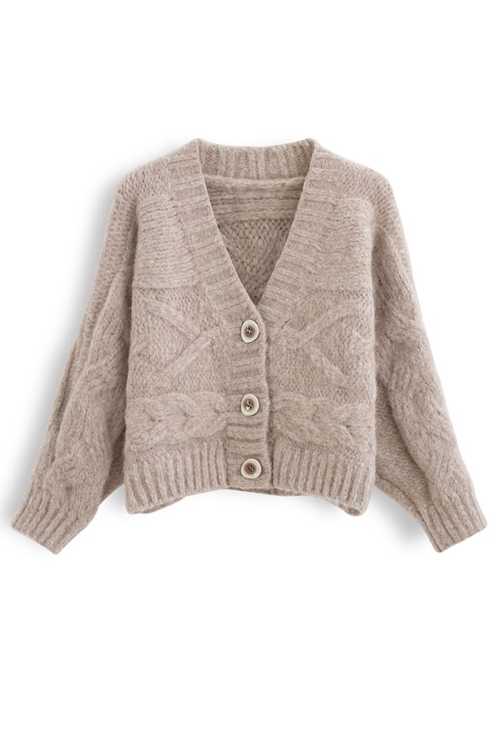 Cable Knit Chunky Buttoned Cardigan in Sand