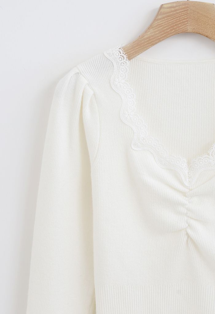 Sweetheart Lace Neck Knit Top in White