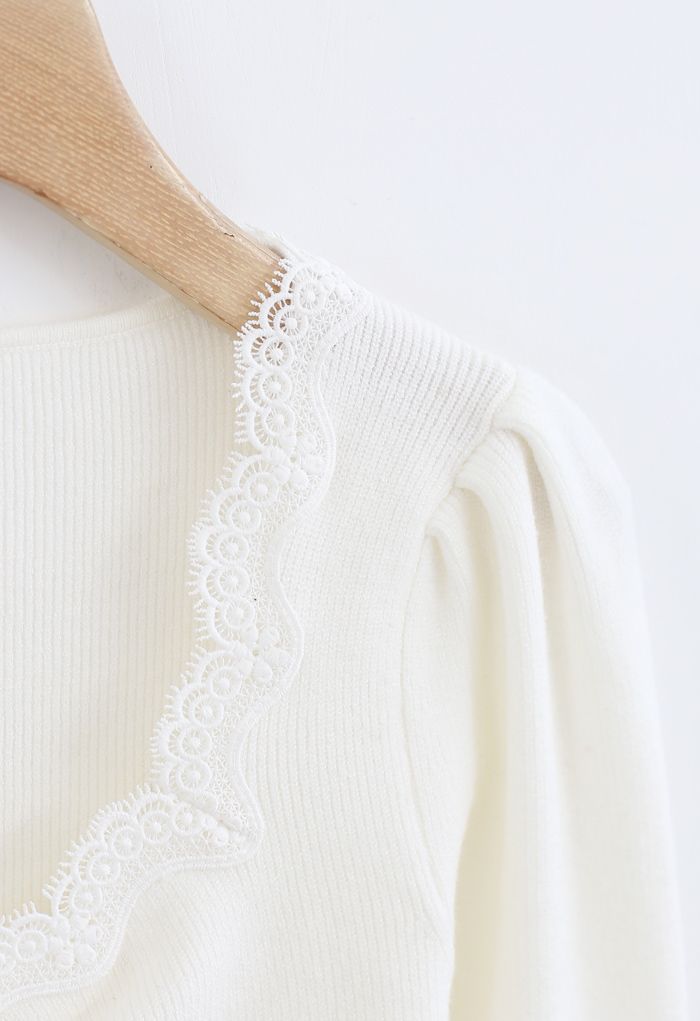 Sweetheart Lace Neck Knit Top in White