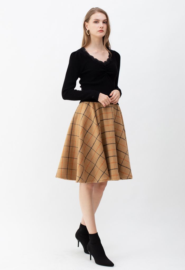 Wool-Blend Check Print Flare Skirt