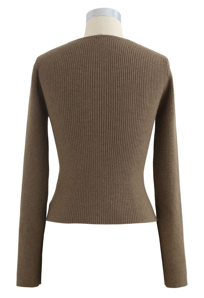 Crisscross Fitted Rib Knit Top in Brown