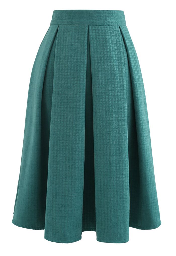 Box Pleated Houndstooth Midi Skirt in Teal