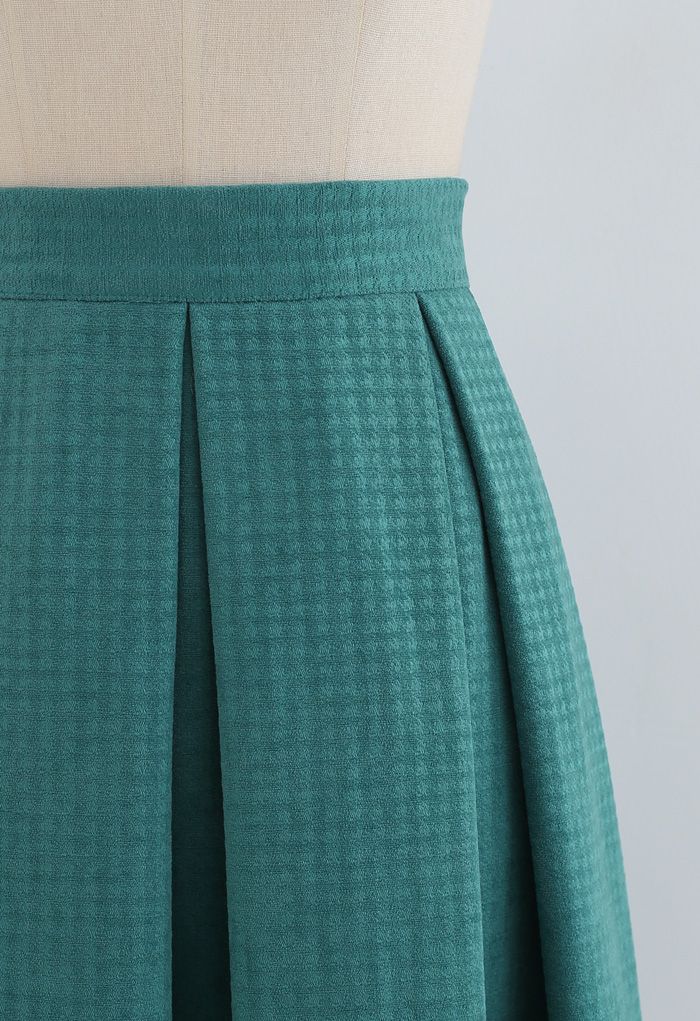 Box Pleated Houndstooth Midi Skirt in Teal