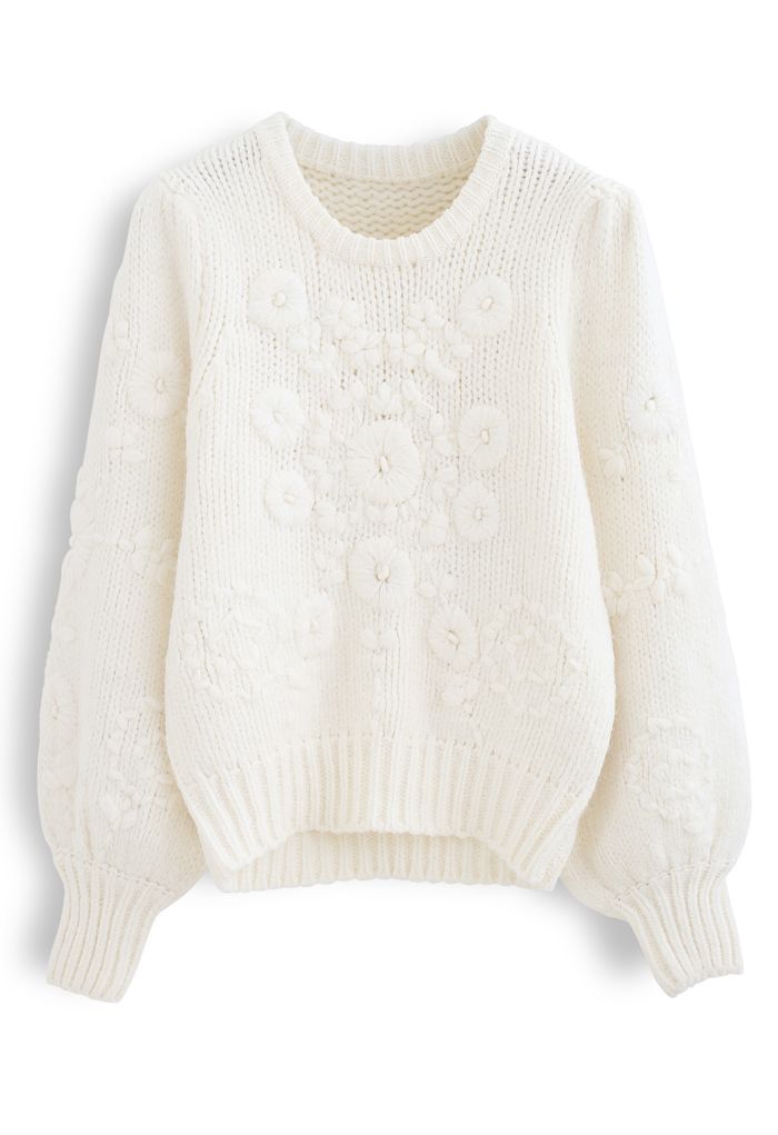 Flowers Embroidered Puff Sleeves Knit Sweater
