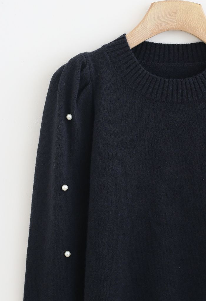 Pearl Trim Sleeves Ribbed Knit Sweater in Smoke