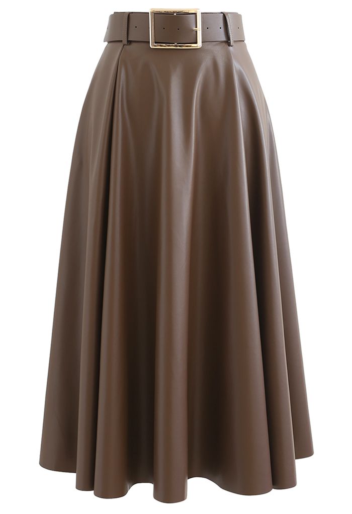 Belted Raw-Cut Hem Faux Leather Skirt in Brown