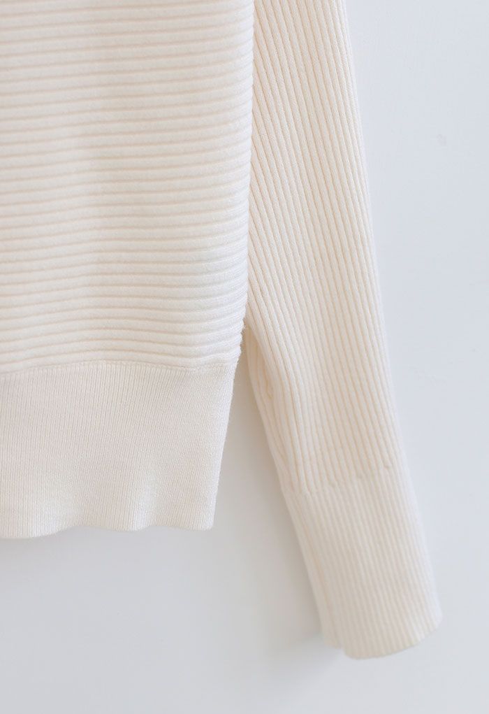 Boat Neck Long Sleeve Rib Knit Top in White - Retro, Indie and Unique ...