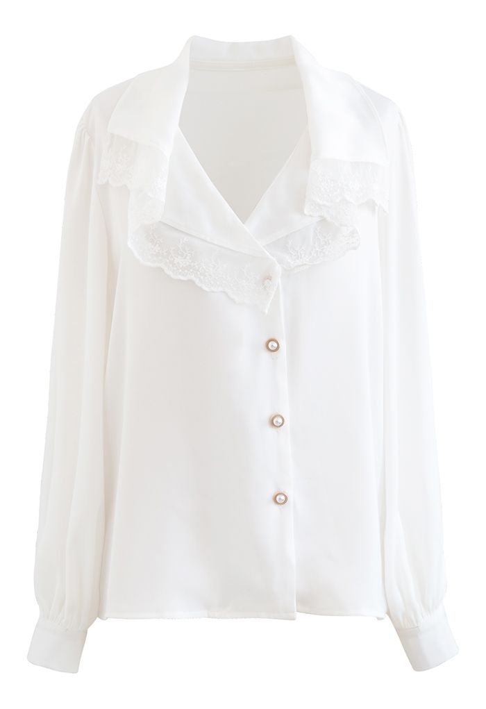 Lacy Collar Button Down Satin Shirt in White