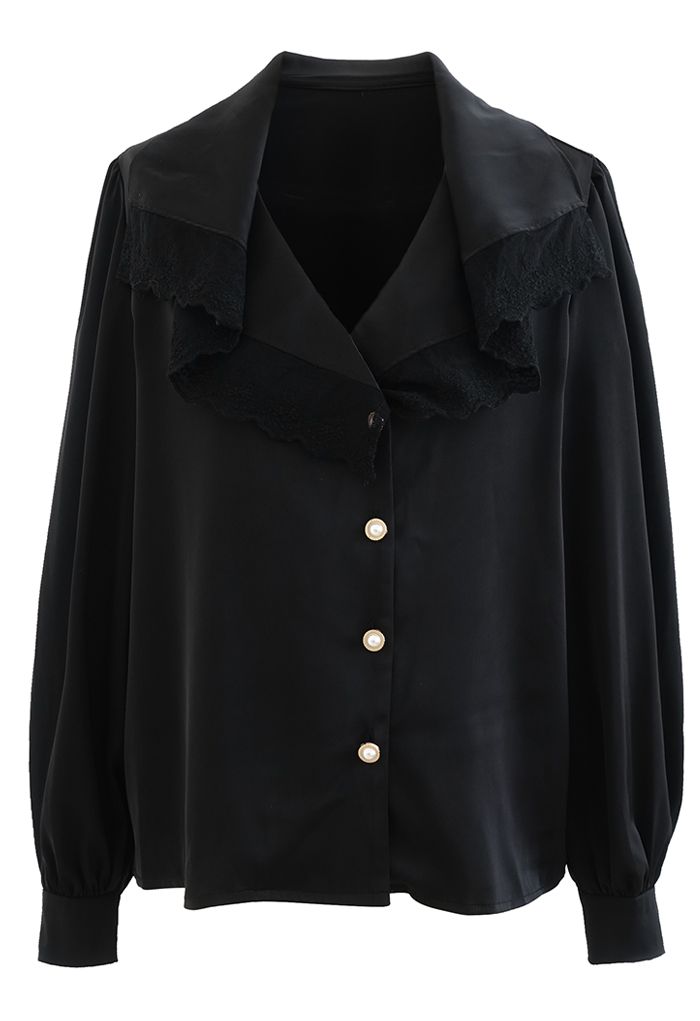 Lacy Collar Button Down Satin Shirt in Black