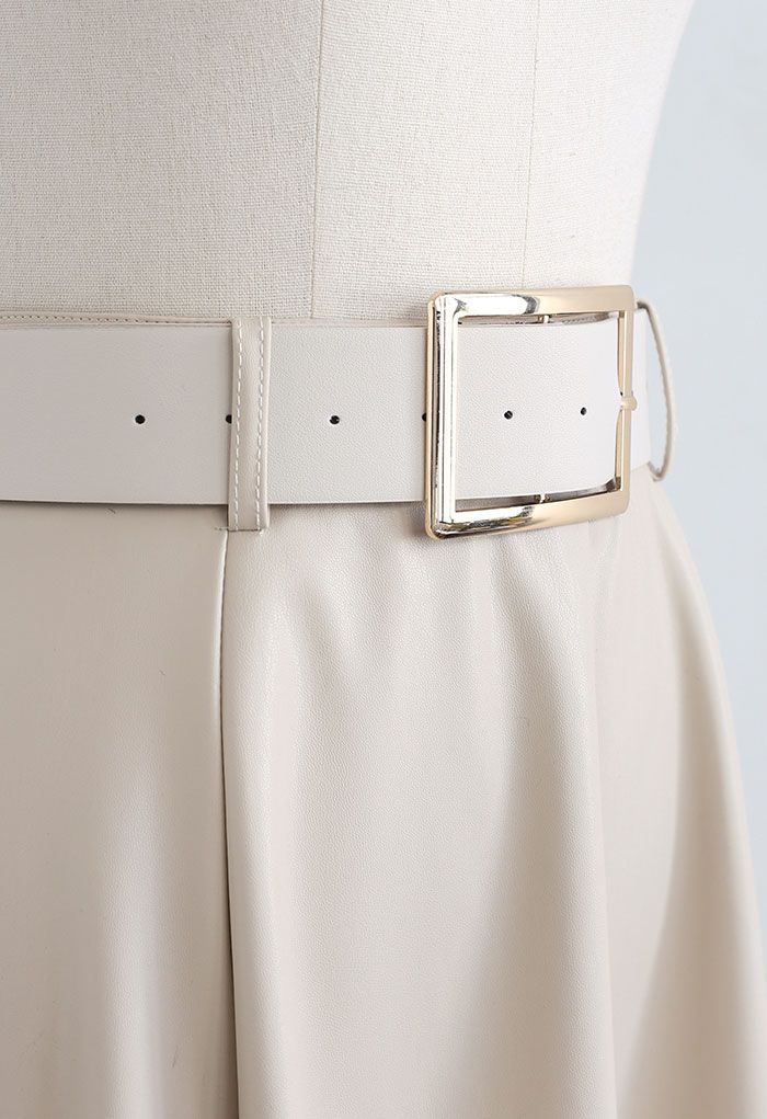 Belted Raw-Cut Hem Faux Leather Skirt in Ivory