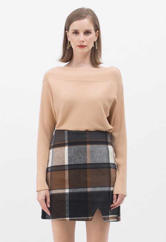Boat Neck Long Sleeve Rib Knit Top in Apricot