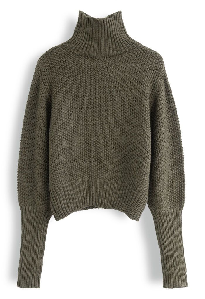 High Neck Waffle Knit Crop Sweater in Army Green