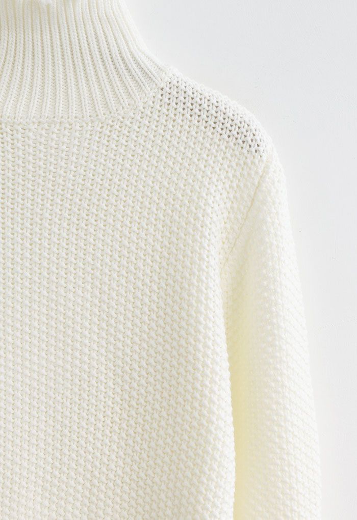 High Neck Waffle Knit Crop Sweater in White