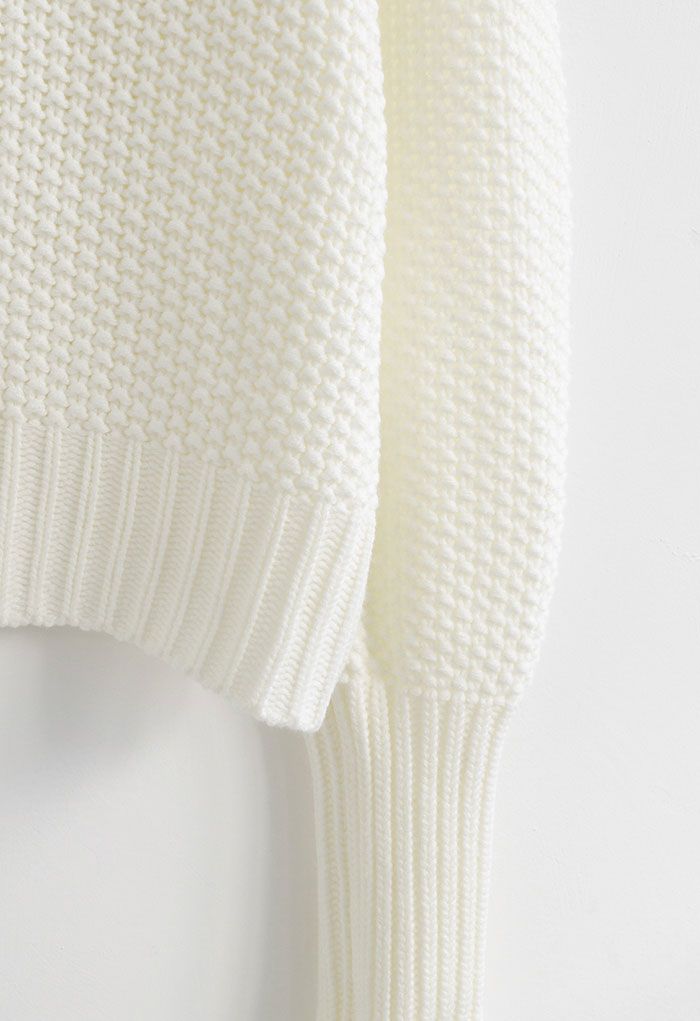 High Neck Waffle Knit Crop Sweater in White