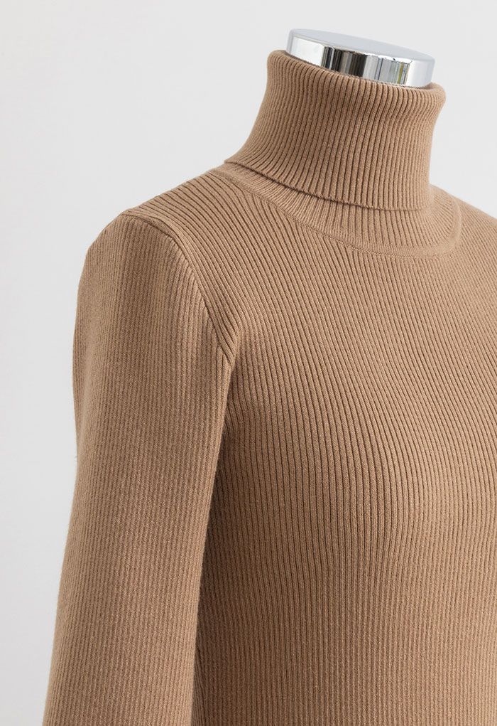 Turtleneck Fit-and-Flare Knit Midi Dress in Brown