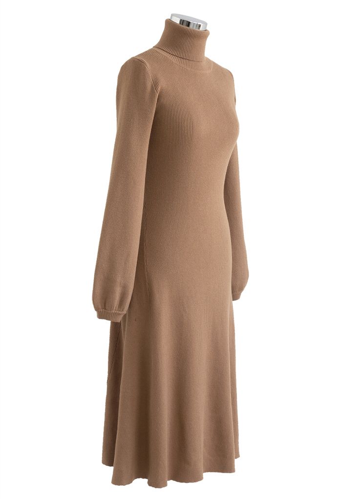 Turtleneck Fit-and-Flare Knit Midi Dress in Brown