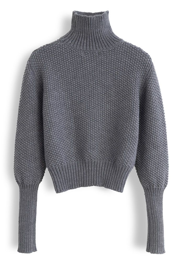 High Neck Waffle Knit Crop Sweater in Grey