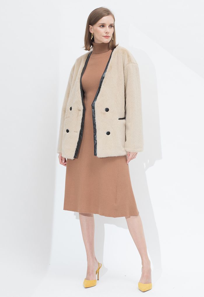 Leather Edge Faux Fur Coat in Camel