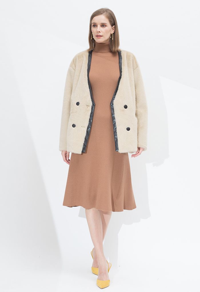 Leather Edge Faux Fur Coat in Camel