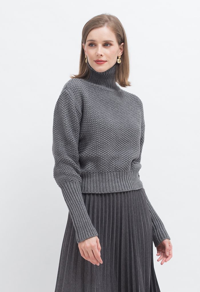 High Neck Waffle Knit Crop Sweater in Grey