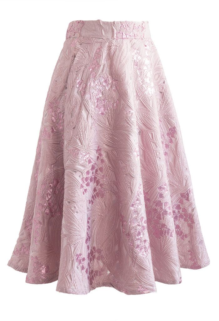 Harebell Embroidered Jacquard A-Line Midi Skirt in Pink