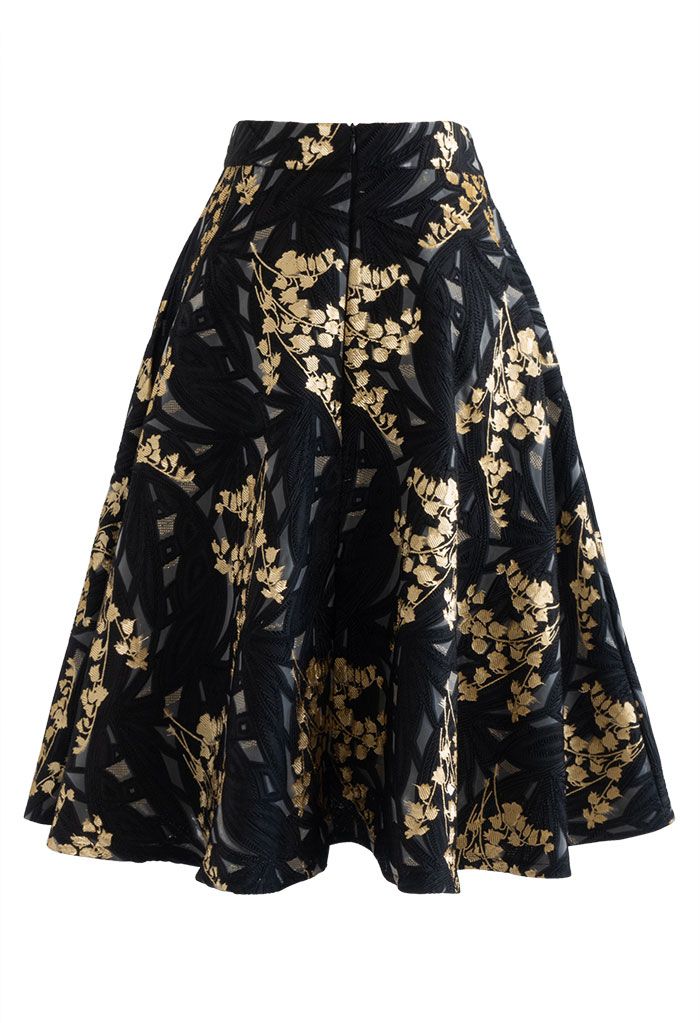 Harebell Embroidered Jacquard A-Line Midi Skirt in Black - Retro, Indie ...