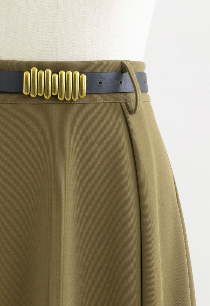 Versatile A-Line Belted Midi Skirt in Khaki