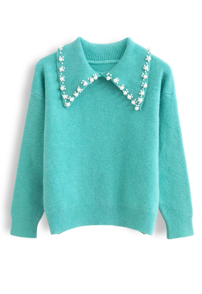 Pearl Trims Collar Soft Touch Knit Sweater in Mint
