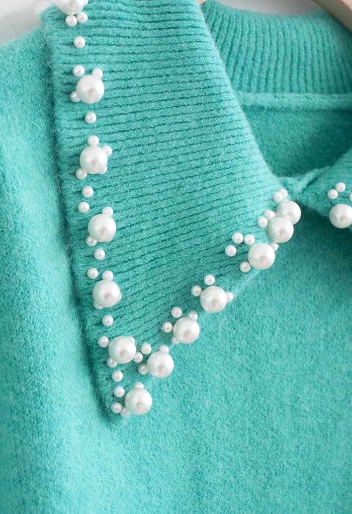 Pearl Trims Collar Soft Touch Knit Sweater in Mint