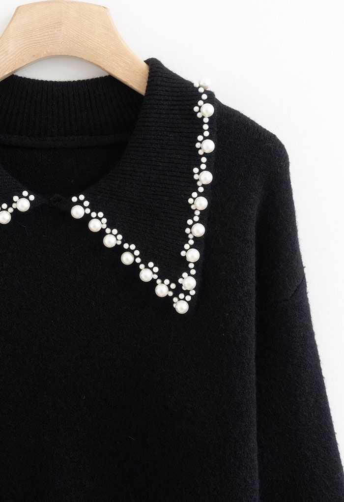 Pearl Trims Collar Soft Touch Knit Sweater in Black