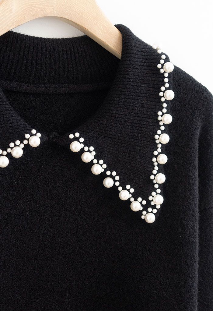 Pearl Trims Collar Soft Touch Knit Sweater in Black