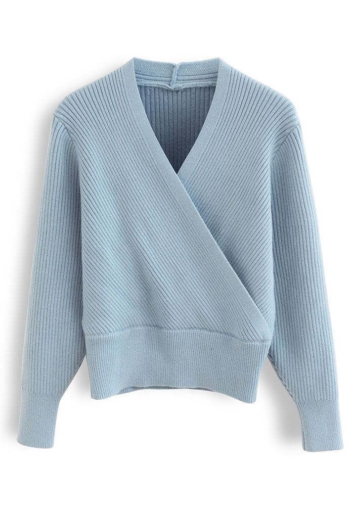 Tender Ribbed Knit Wrap Sweater in Baby Blue