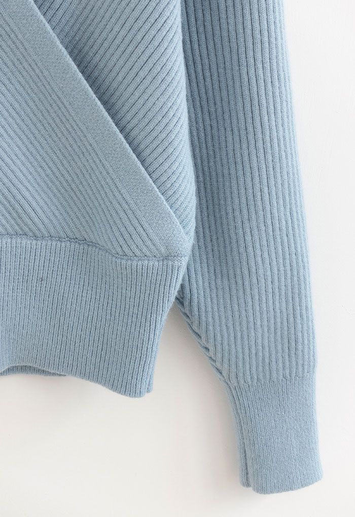 Tender Ribbed Knit Wrap Sweater in Baby Blue